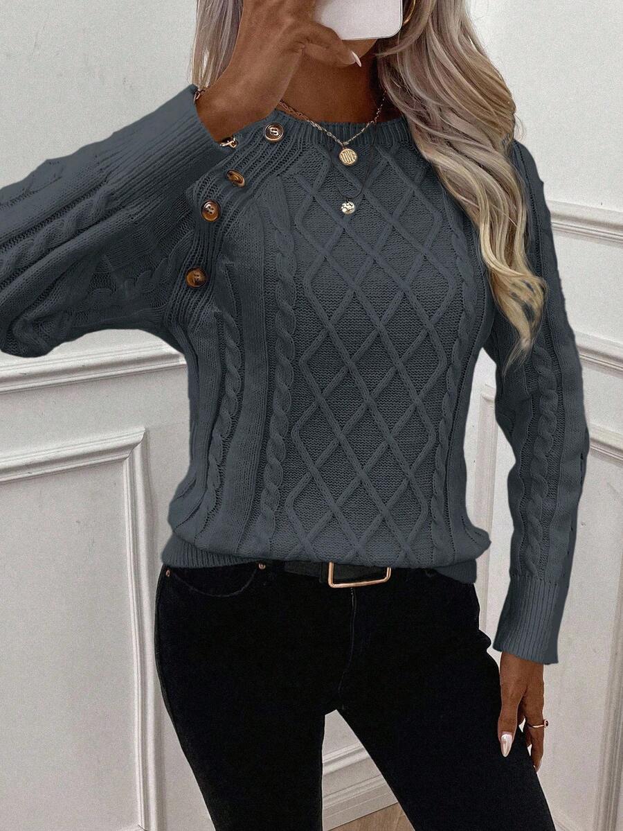 Clara – Button-Detail Cable Knit Jumper