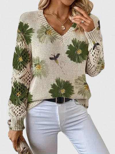 Brunelle | Green Floral V-Neck Sweater