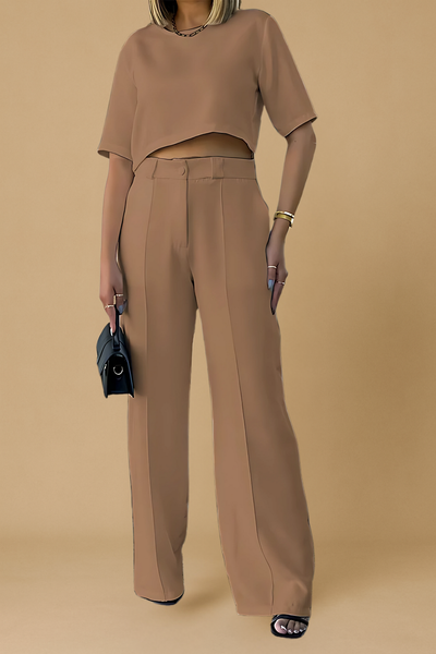 Round Neck Short Sleeve Top Trousers Solid Color Two-piece Suit