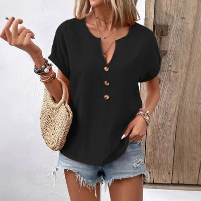 Zomer 2025, Dames Independent Station Button V-hals T-shirt met korte mouwen, katoen, linnen materiaal, geen patroondecoratie