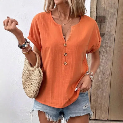 Zomer 2025, Dames Independent Station Button V-hals T-shirt met korte mouwen, katoen, linnen materiaal, geen patroondecoratie