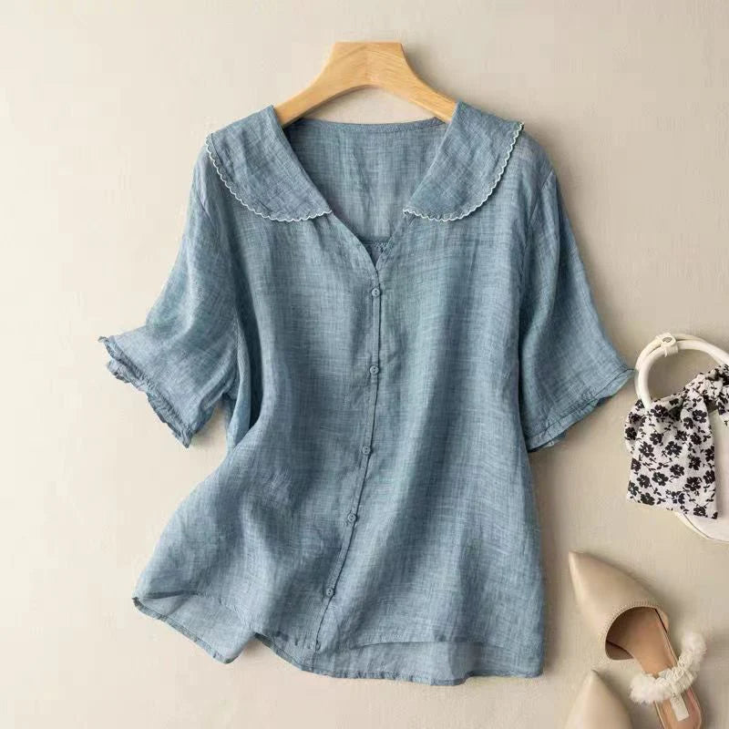 Sotiria Elegant Linen Short Sleeve Blouse