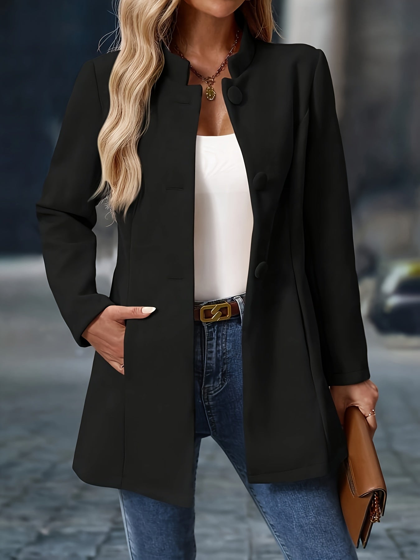 Stretch Comfort, Women's Fashionable Polyester Blazer with Single-Breasted Design, Elegant And Versatile Outerwear